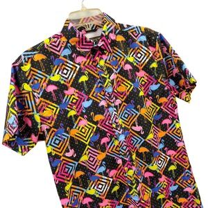 Surf Society Cyber Neon Mens M Flamingo Geometric Button Up Shirt Vented